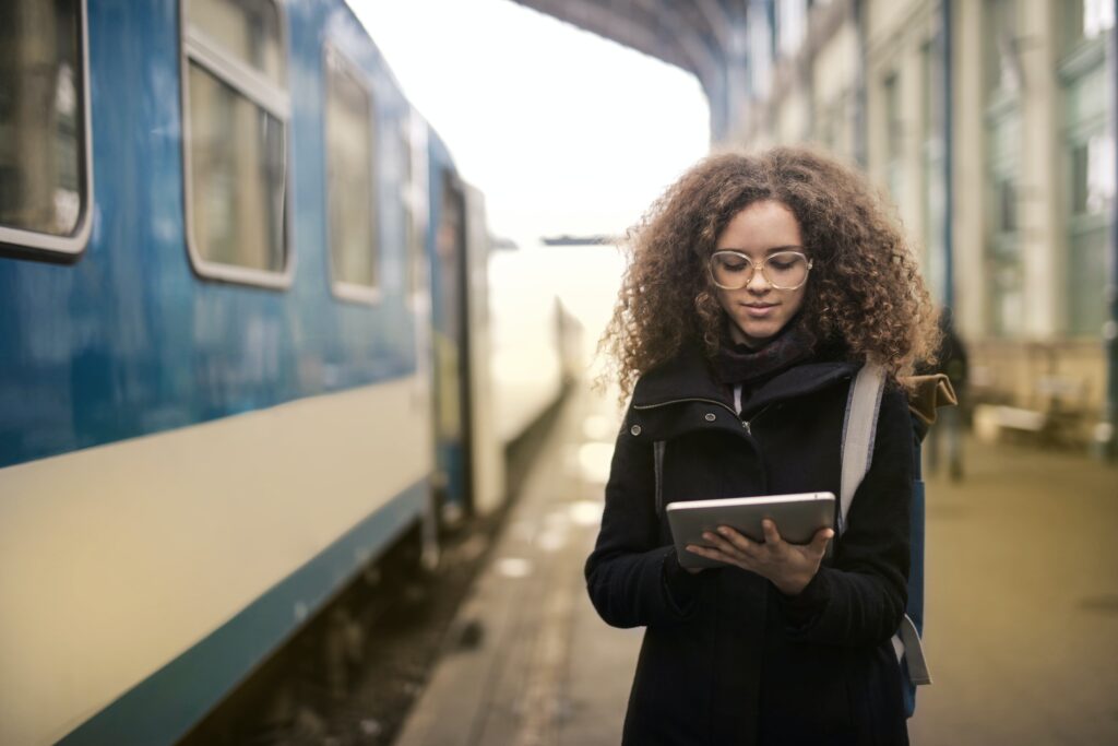 woman commuting to work via train