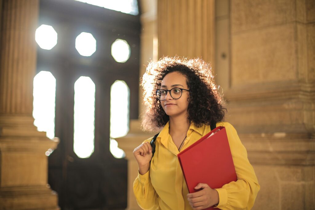A woman on her way to class.